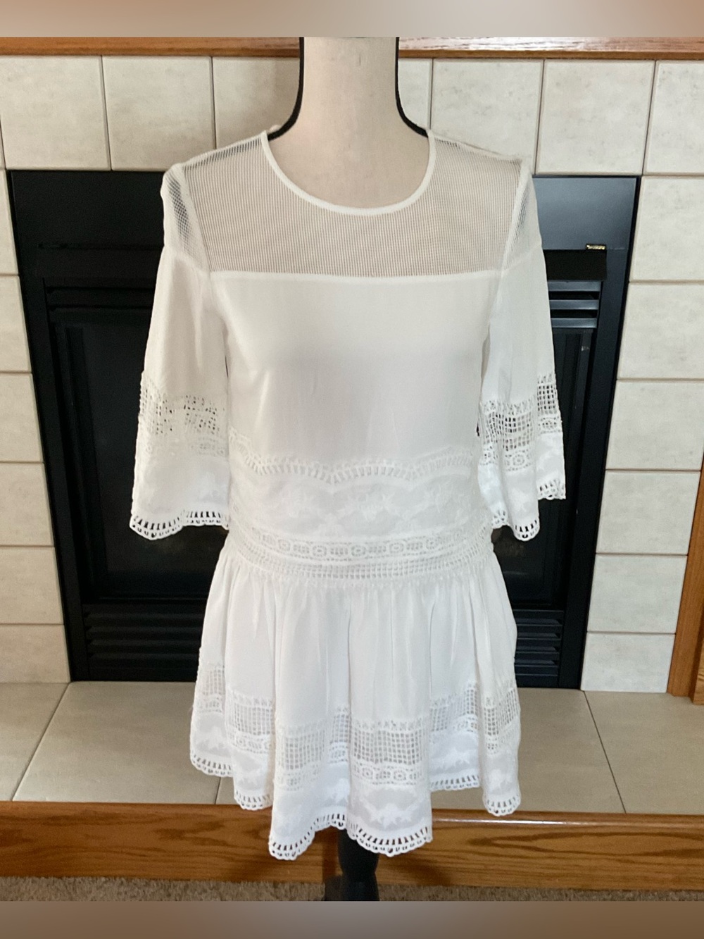 Endless Rose White Mesh & Lace Detail Drop-Waist Mini Dress, Women’s Size S